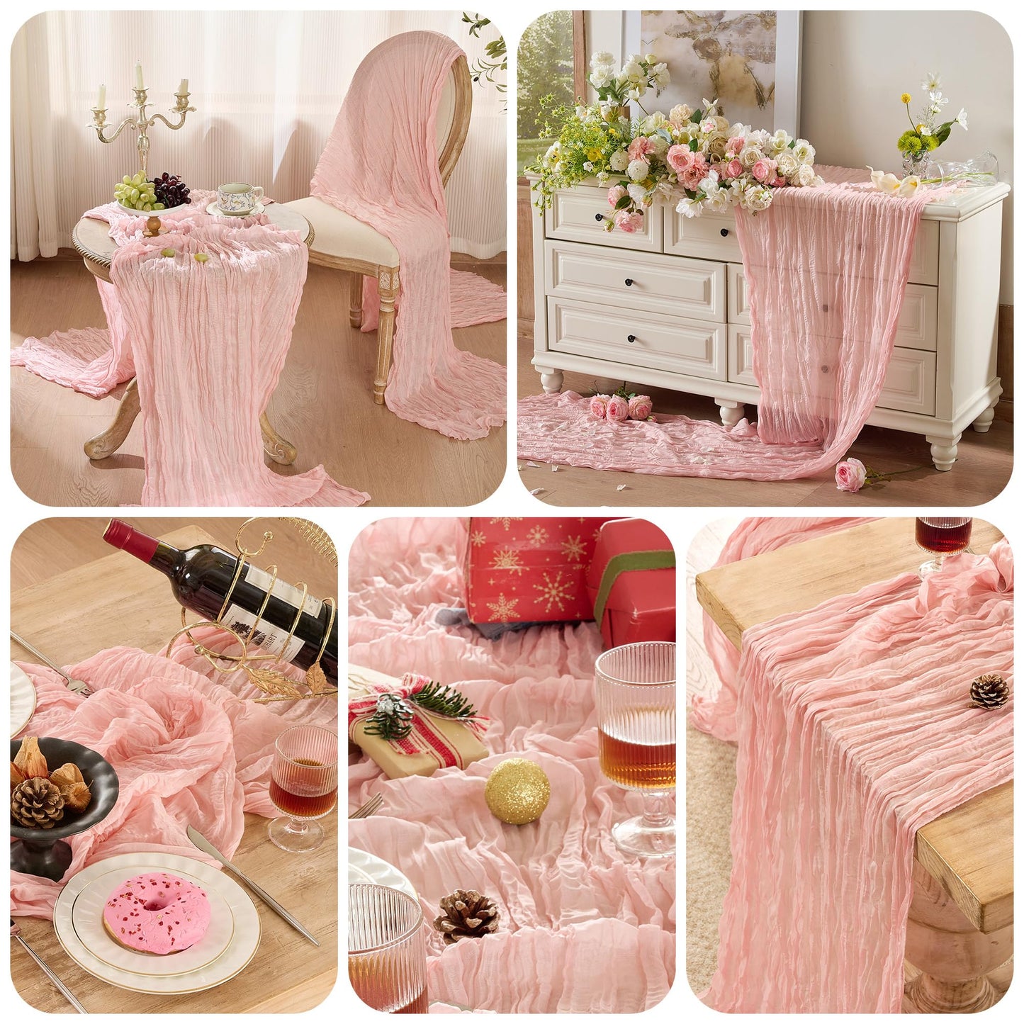 6 Pack Dusty Pink Cheese Cloth Table Runner 120 Inch Boho Rustic Gauze 10 FT Cheesecloth Table Runners Decorations for 4th of July Christmas Birthday Baby Shower Wedding Holiday Home Party Decor