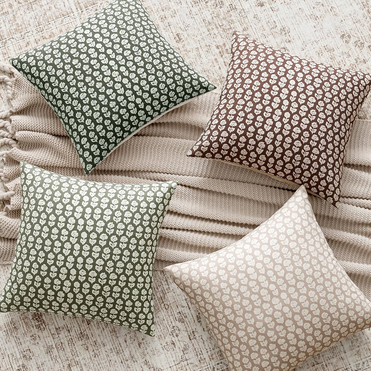 MIULEE Winter Block Print Pillow Covers 18x18 Inch Set of 2, Christmas Vintage Floral Throw Pillow Cases Neutral Linen Farmhouse Cushion Covers for Couch Sofa Bed Chair Living Room, Army Green