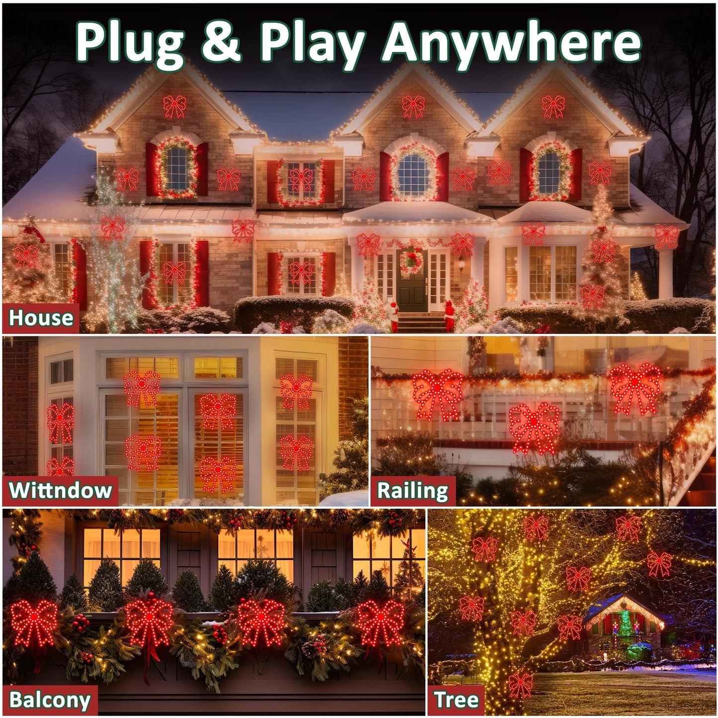 ElectricWise 3 Pack Hi Vibrant Twinkling LED Christmas Bow Decoration, 10'' Christmas Bow Window Lights, Waterproof Lighted Window Silhouette Lights for Holiday Wall Door Xmas Decor