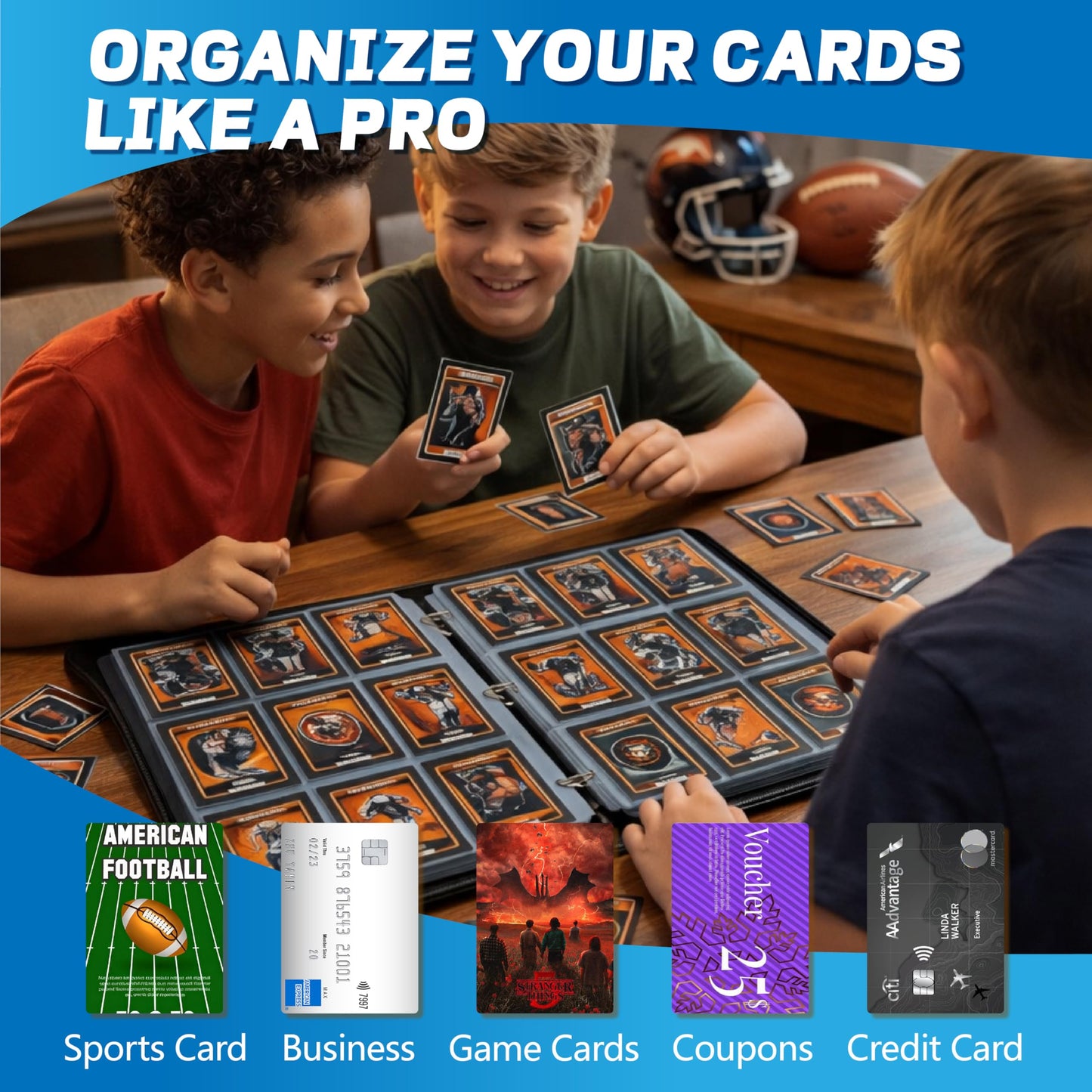 Football Card Binder with Sleeves, 9-Pocket Portable Card Protectors Album Holder Book with Zipper, Fits 900 Cards with 50 Removable Sleeves, Football Cards Display Storage Carrying Case