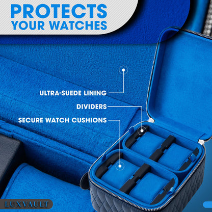 LUXVAULT Travel Watch Case - Luxury Watch Box Organizer, Leather Mens Jewelry box Organizer with Ultra-Suede Lining, 4-Slot watches case with Sliding Cushion System & Compartments for Sunglasses
