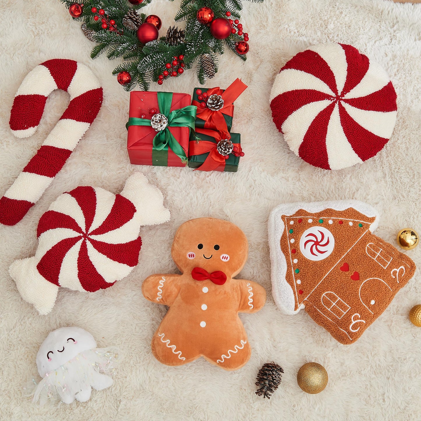 XIAIJIA Christmas Pillows Candy Throw Pillow White Pillow Christmas Room Decorations Soft Winter Pillow Cute Plush Pillow Cushions for Couch Sofa Bed,22x13 Inch
