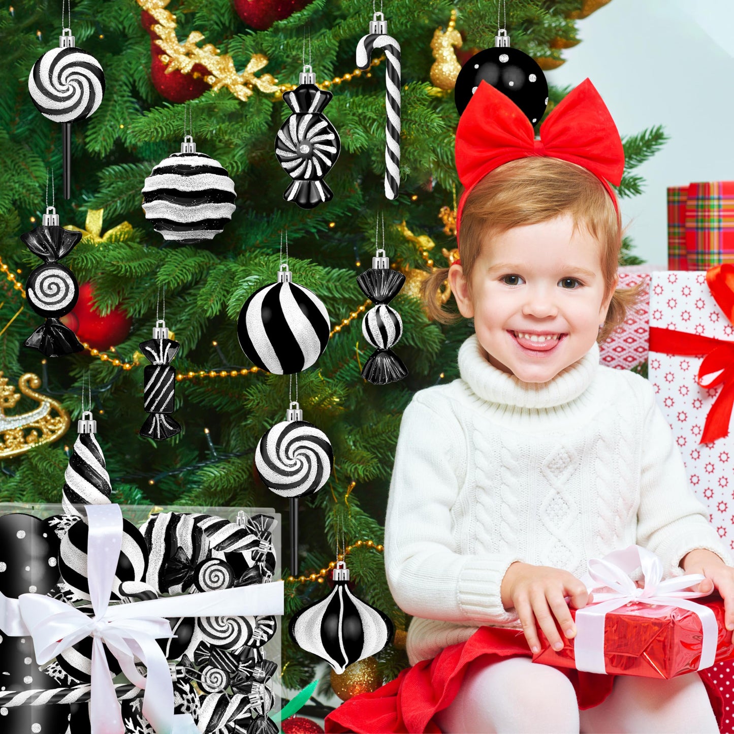 Candy Christmas Ornaments Set, Candy Cane Ornaments for Christmas Tree, Black Christmas Tree Decor 48pcs