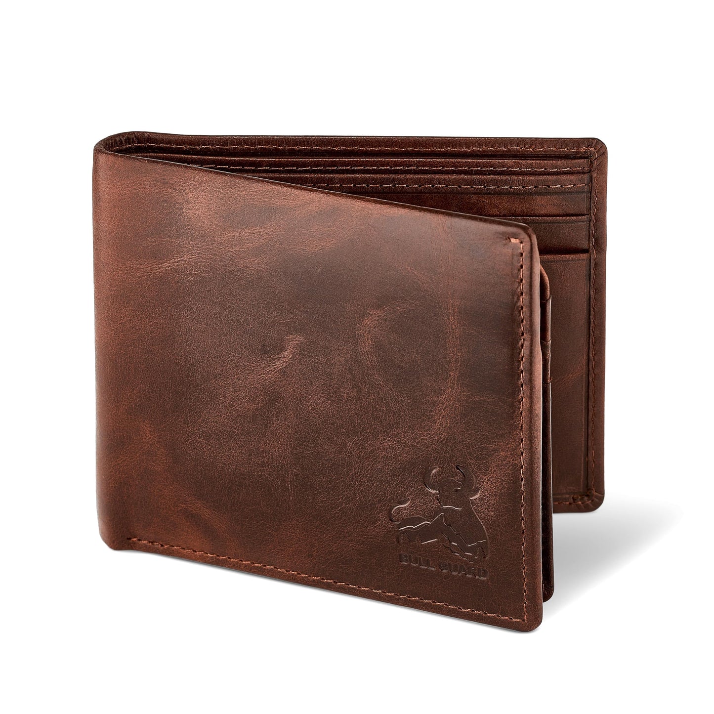 BULL GUARD Mens RFID Blocking Bifold Wallet Soft Genuine Leather Brown Western | Secure and Durable Extra Capacity Billfold with 11 Credit Cards, Flip Up ID