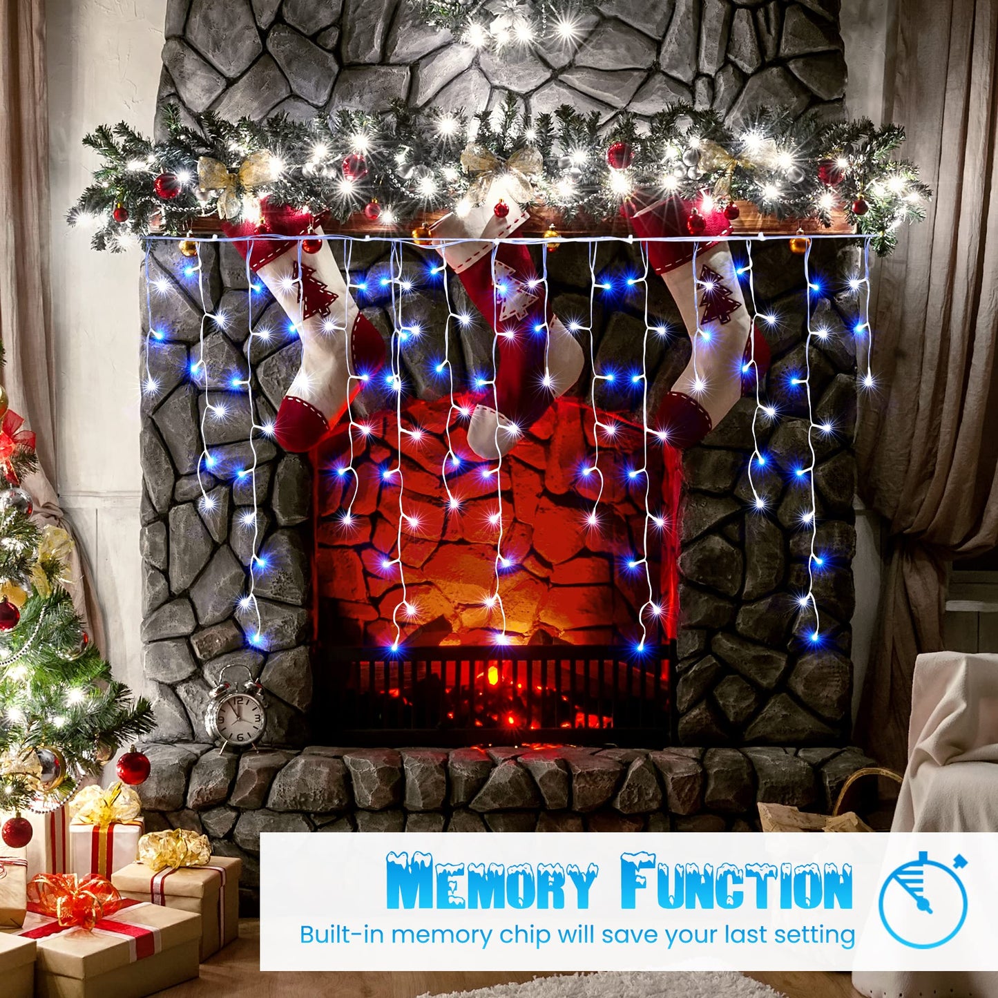 Toodour White & Blue Christmas Icicle Lights, 29.5ft 360 LED Icicle Lights, 8 Modes, 60 Drops, Window Curtain Led Christmas Light, Icicle Twinkle Light for Eaves, Party, Wedding, Xmas Decorations
