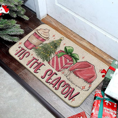 Christmas Hat Front Door Mat Indoor Outdoor Entrance 17x29, Tis The Season Xmas Winter Washable Non-Slip Rubber Pink Doormat Inside Outside Entrance, Welcome Floor Mat for Home Holiday Decor AH31