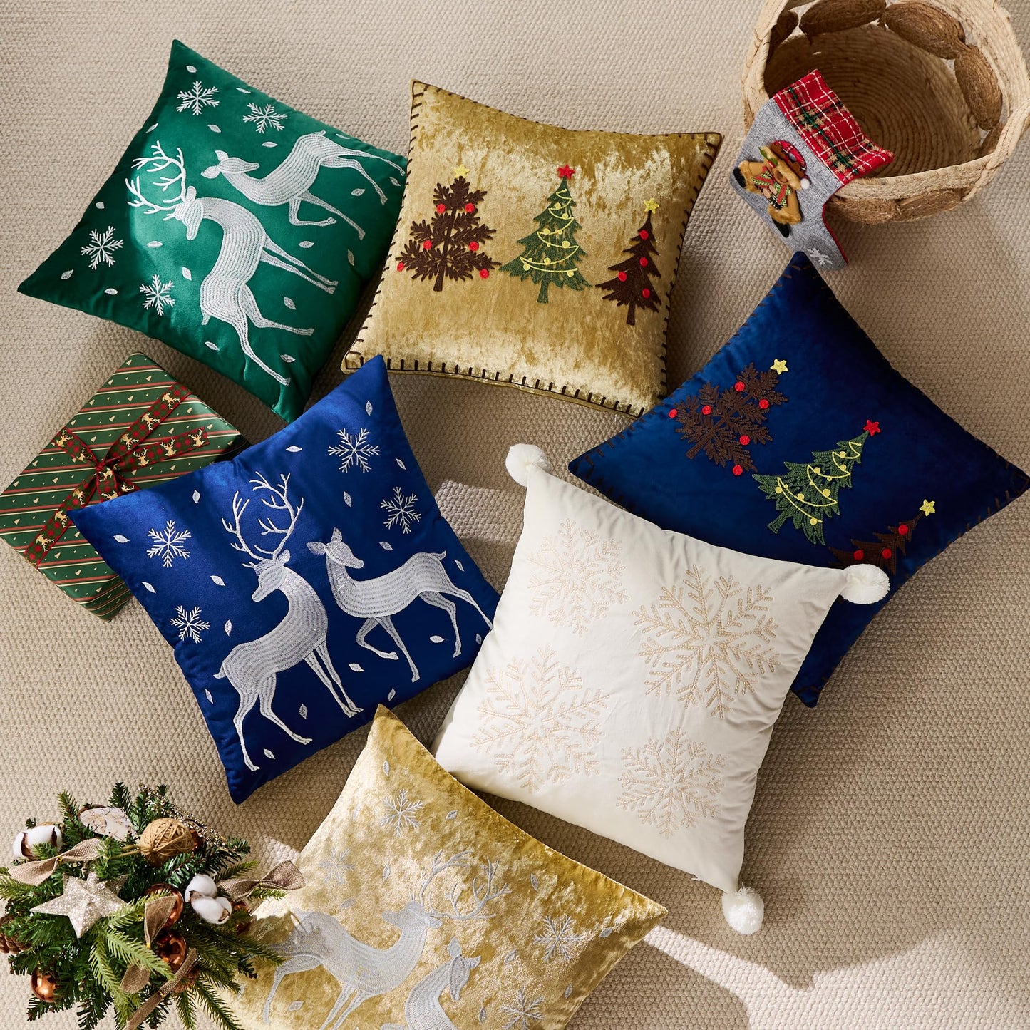 KINDREX Christmas Pom poms Snowflake Throw Pillow Covers 18x18 Set of 2 Winter Holiday Decorative Embroidered Soft Velvet Accent Pillowcase for Sofa Couch Bed Living Room Festivals Home Decor,White