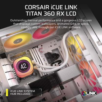 CORSAIR iCUE Link Titan 360 RX LCD Liquid CPU Cooler – 360mm AIO – Low-Noise – FlowDrive Cooling Engine – Intel LGA 1851/1700, AMD AM5/AM4 – 3X RX120 RGB Fans – iCUE Link System Hub Included – White