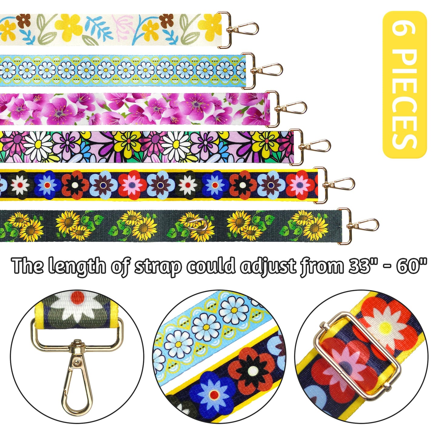 6 Pieces Purse Straps Replacement Crossbody Straps for Purses 1.5 Inches Purse Strap Purse Replacement Straps for Handbags Shoulder Strap (Flower Style)