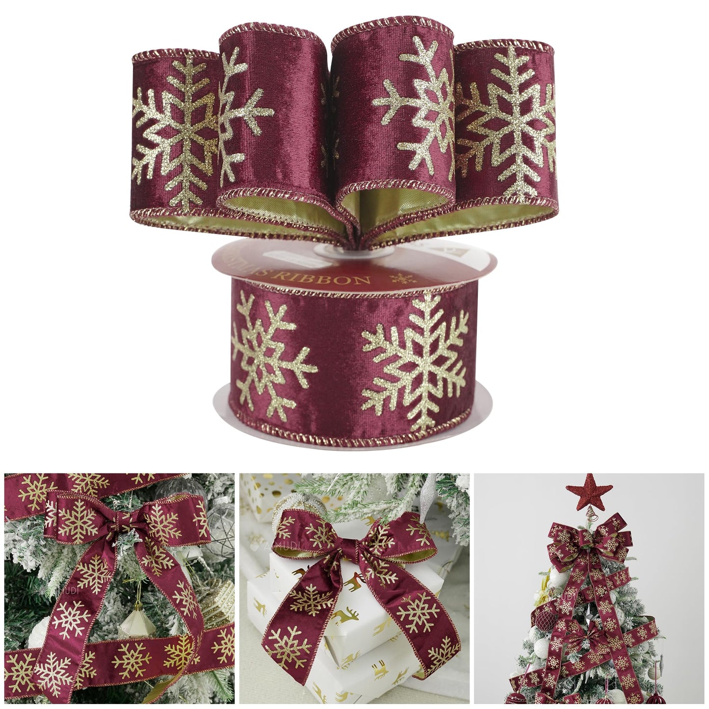 AIMUDI Burgundy and Gold Christmas Velvet Ribbon Wired 2.5 Inch Glitter Snowflake Wired Ribbon for Wreaths, Christmas Tree, Gift Wrapping, Garland, Holiday Crafts, Topper Bows, 10 Yards