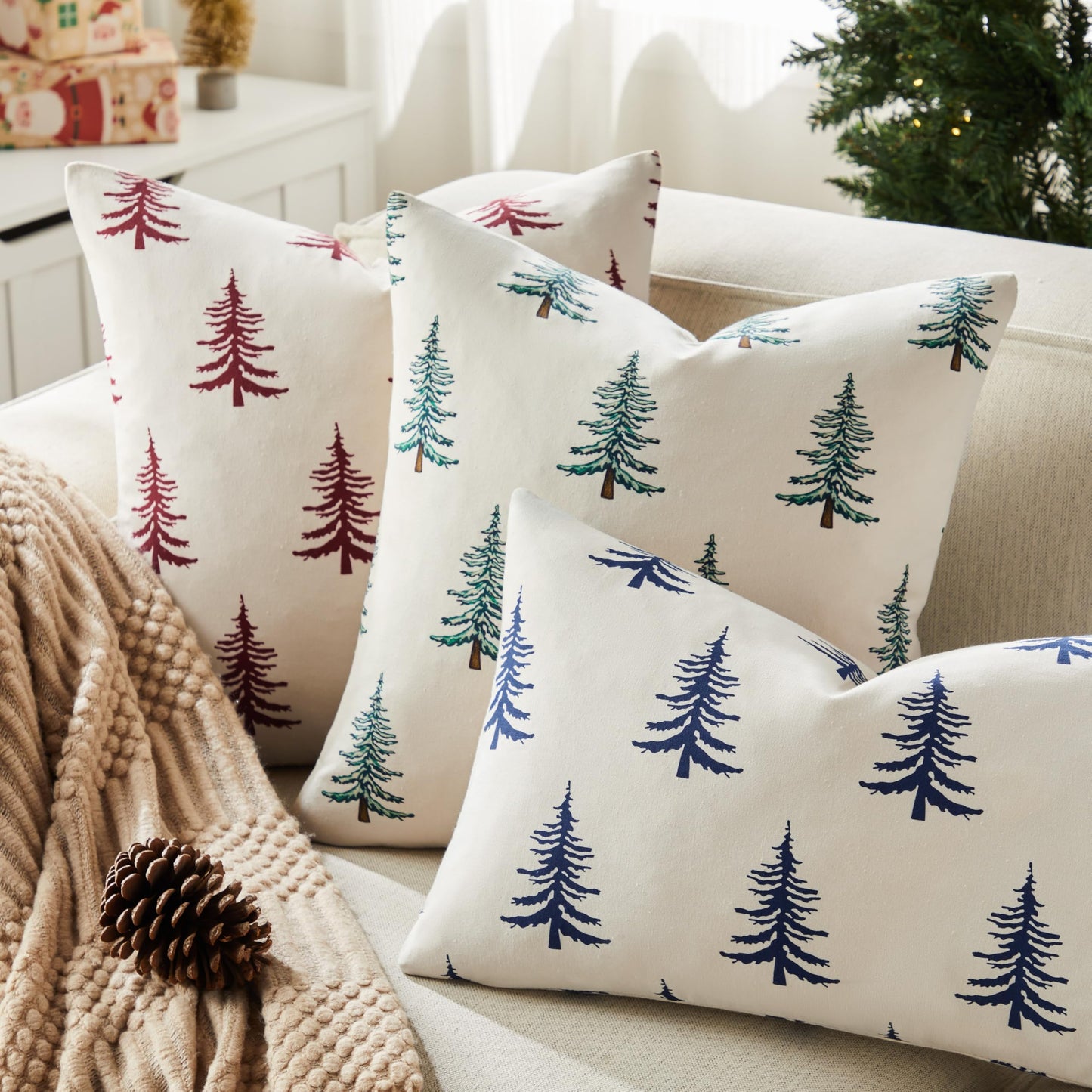 YZJZEDS 100% Cotton Christmas Pillow Covers Set of 2, 24x24 Inch Christmas Green, Winter Tree Print Decorative Xmas Throw Pillow Covers Cushion Case Winter Home Decor for Sofa Bed Living Room
