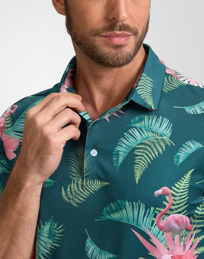 Obla Mens Golf Polo Shirts Short Sleeve Dry Fit Performance Moisture Wicking Casual Print Collared Golf Shirts for Men(Green Flamingo_S)