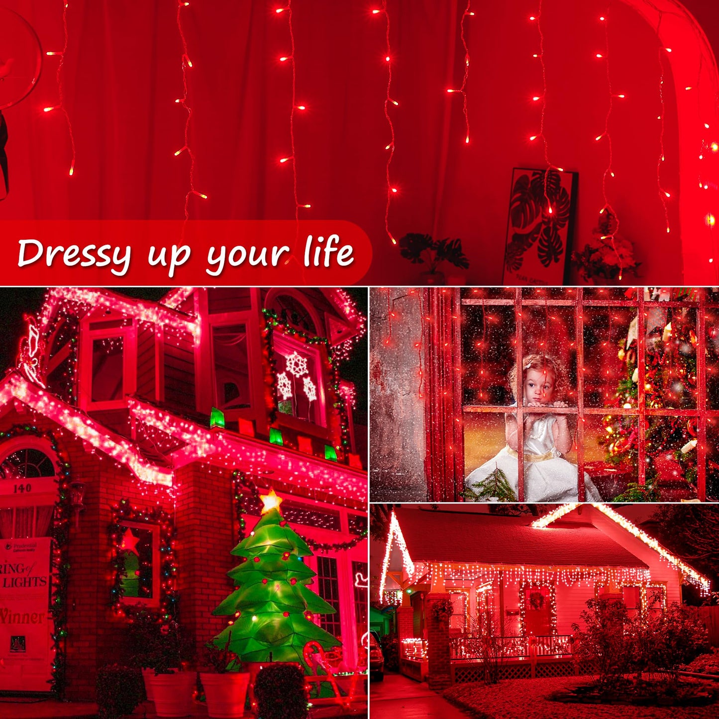 oopswow Christmas Icicle Lights Outdoor,300LED 33FT Christmas String Lights,Connectable Valentine's Day Lights with 30V Plug in for Valentine Wedding Party Eave Garden Wall Indoor Decor, Red