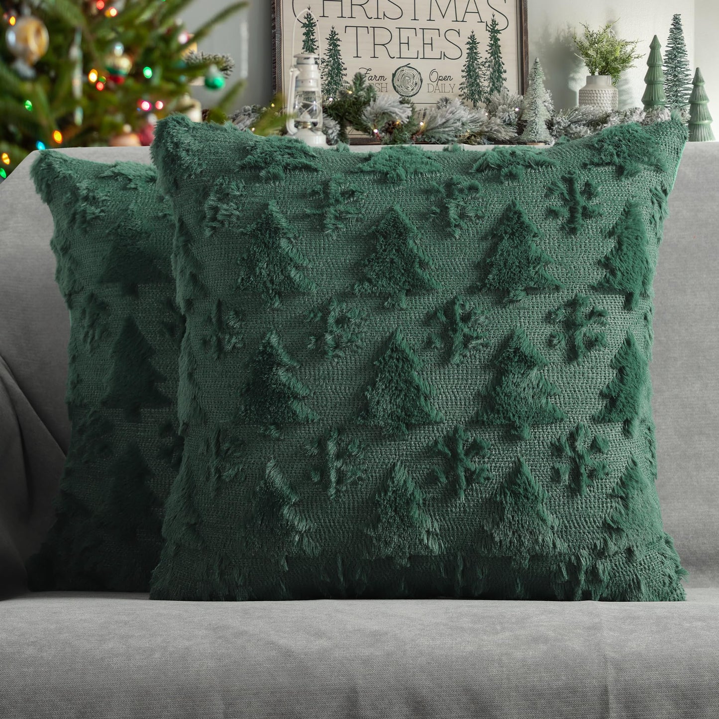 4TH Emotion Christmas Snowflake Tree Decorative Pillow Covers 18x18 Set of 2, Green Soft Plush Faux Fur Farmhouse Throw Cushion Cases for Xmas Winter Holiday Home Decorations