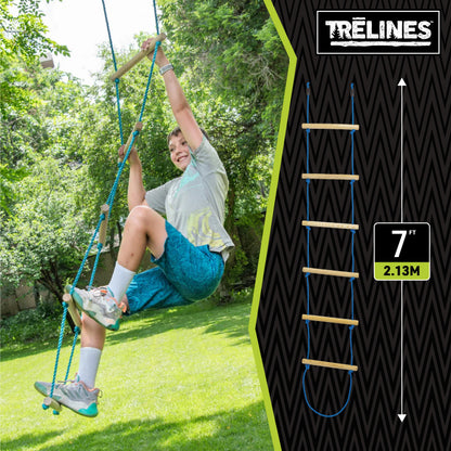 Trelines 7 ft. Wooden Climbing Rope Ladder - Kids Ninja Warrior Obstacle Course Accessory - Perfect for Enhancing a Ninja Slackline, Tree Branch, Swing Set Kit - Tree Play Equipment - Ages 5+ 250 lbs.