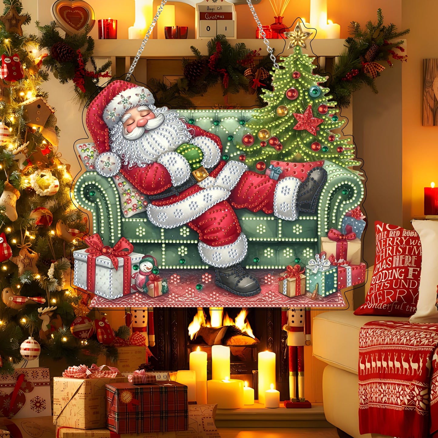 DIY Acrylic Diamond Art Painting Wreath Kits Special Shaped Rhinestone 5D Diamond Art Window Pendants Home Garden Wall Hanging Kits Hanging Ornament (Sleepy Santa Claus)