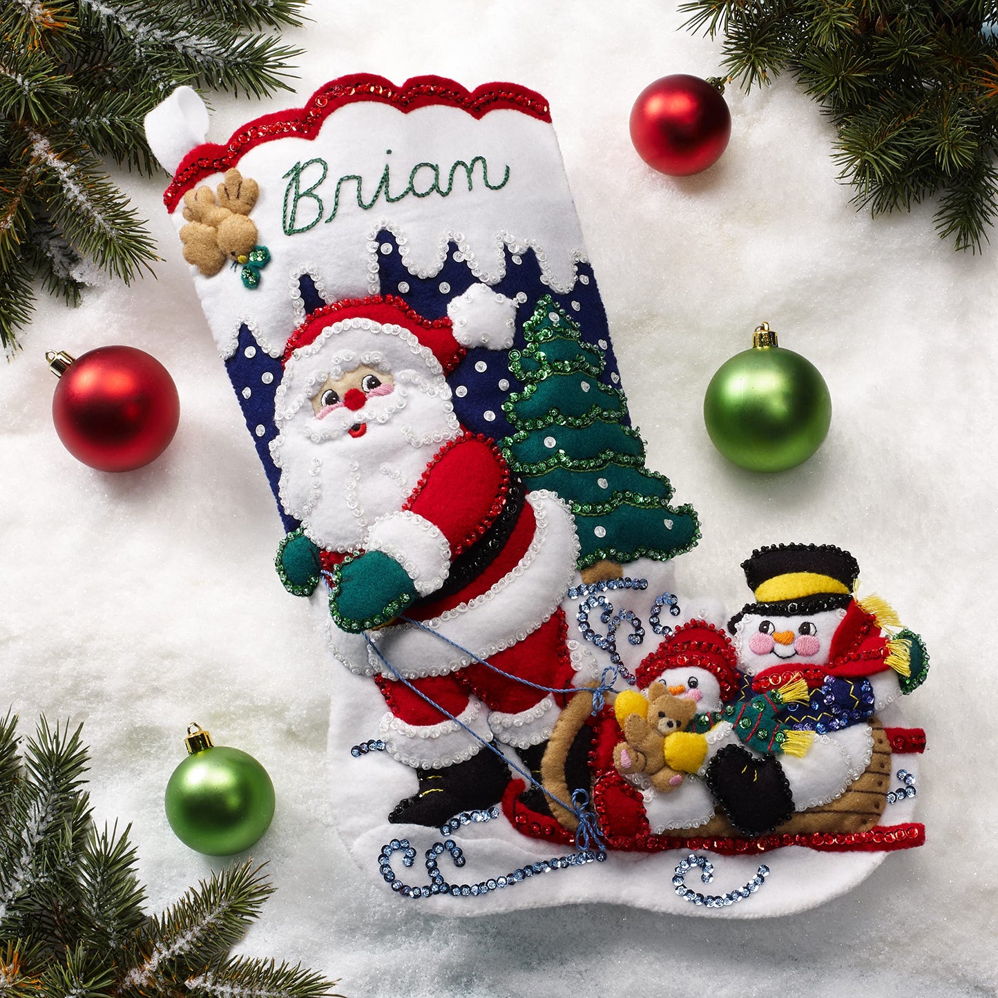 Bucilla Felt Applique 18" Stocking Making Kit, Sledding with Santa, Perfect for DIY Arts and Crafts, 89477E