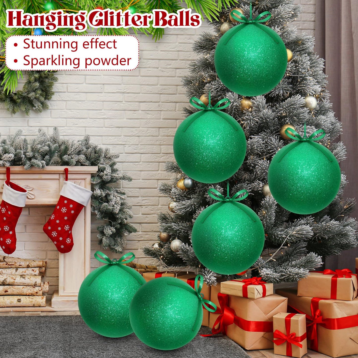 Zubebe 2 Pcs 8" Giant Fillable Christmas Ornaments with Ribbons Oversized Plastic Xmas Balls for Outdoor Lawn Yard Decor, Tree Hanging, Holiday Gifts(Glitter Green)