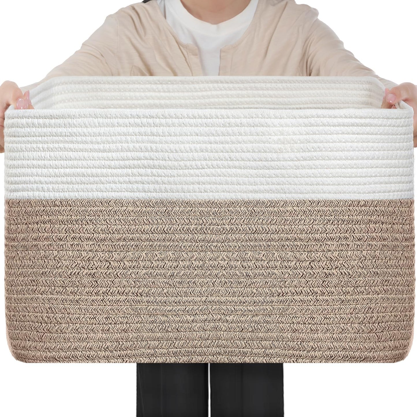 Optish 75L Large Blanket Basket, Woven Storage Baskets with Reinforced Handles, Rope Laundry Basket for Living Room, Bedroom, Nursery, Toys, Clothes,Pillows, 22” x 17” x 11.5”, White & Brown