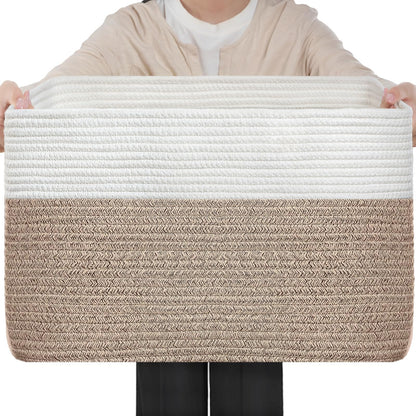 Optish 75L Large Blanket Basket, Woven Storage Baskets with Reinforced Handles, Rope Laundry Basket for Living Room, Bedroom, Nursery, Toys, Clothes,Pillows, 22” x 17” x 11.5”, White & Brown