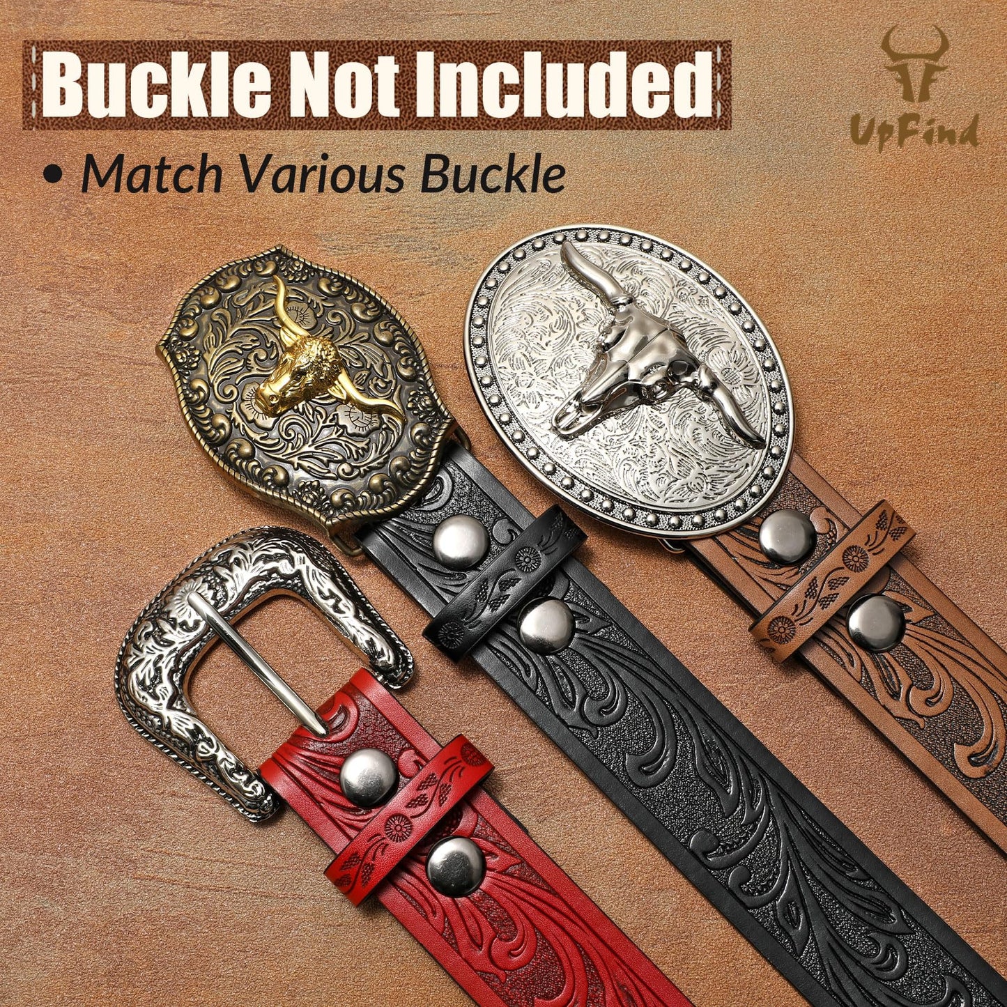 UpFind Men Women Western Belt Strap for Jeans Dress Cowboy Cowgirl Floral Embossed Leather Belt Strap without Buckle 1.5" Wide,Brown