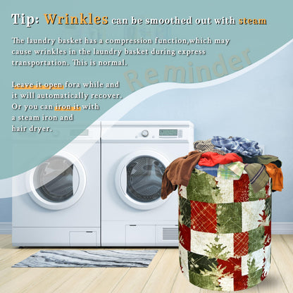 Christmas Laundry Basket Retro Red Green Christmas Tree Print Funny Laundry Hamper Foldable Oxford Cloth Tote Bag Clothe Toy Storage Bucket 18.9"x16.5"For Bathroom/Laundry Storage/Bedroom
