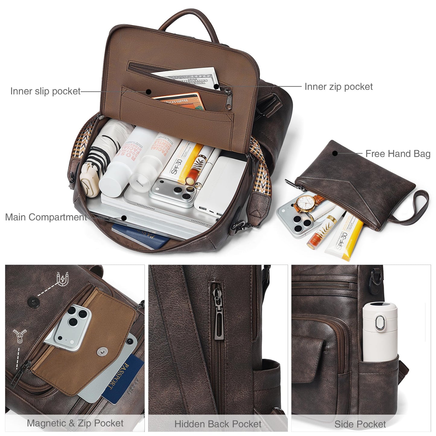 Shrrie Backpack Purse for Women Travel Faux Leather Fashion Backpack for Women,Convertible Crossbody Shoulder Bag for Ladies with Adjustable Strap for Work College