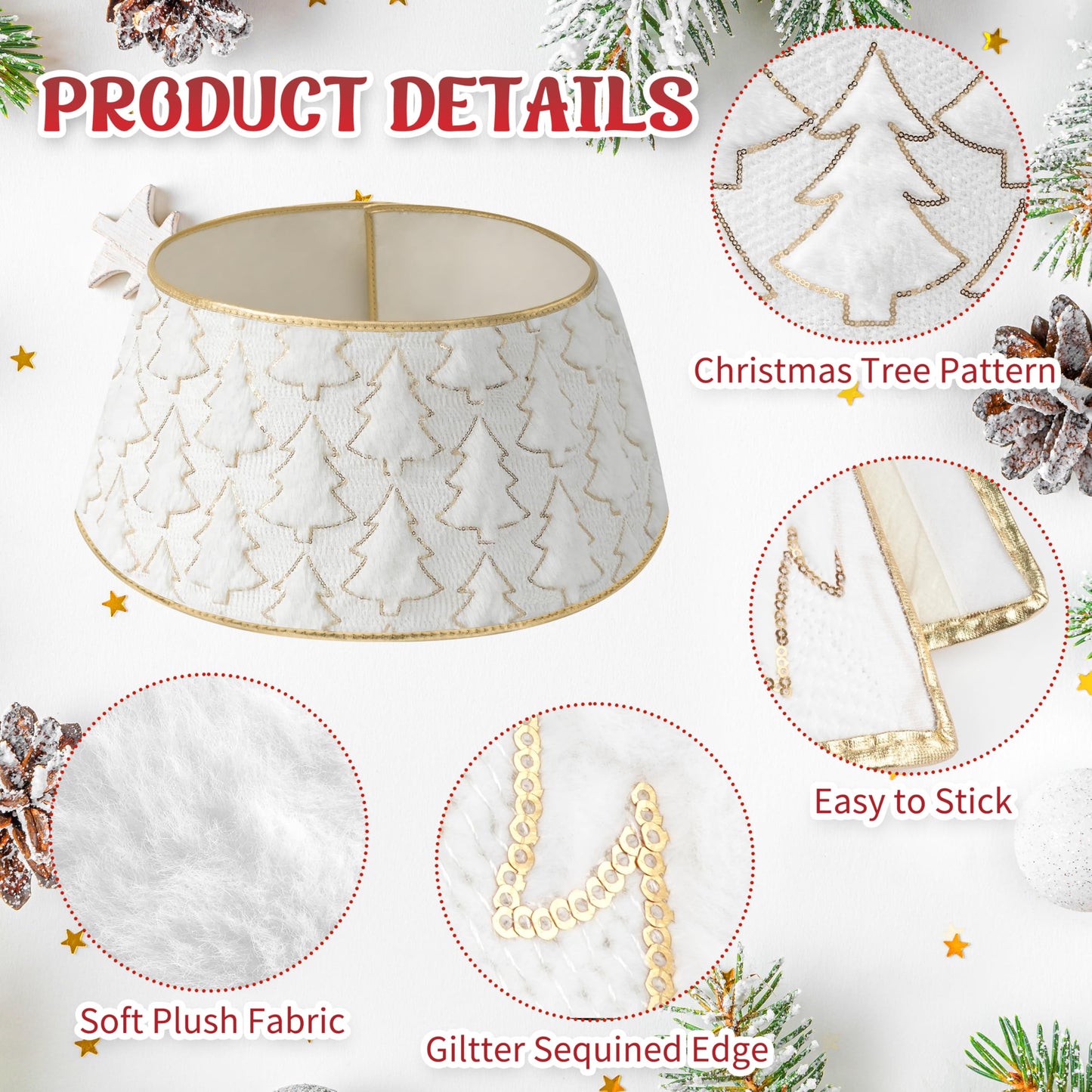 Faux Plush Christmas Tree Collar,Rustic Farmhouse Tree Skirt Ring with Xmas Tree Textured Pattern for Holiday Christmas Indoor Home Decor（White）