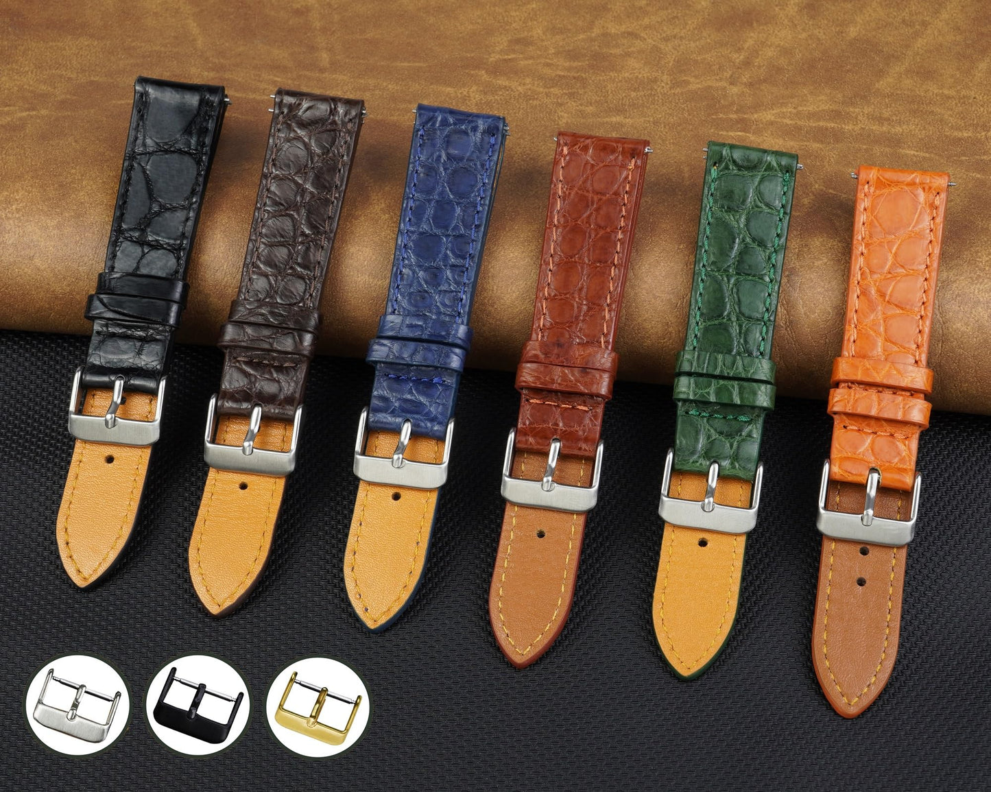 vinacreations 19mm Black Flat Alligator Belly Leather Watch Band Men Quick Release Slim Crocodile Exotic Replacement Wristwatch Strap Premium Handmade DH-21-19MM