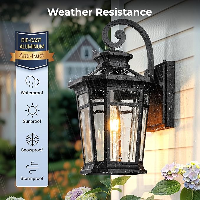 Large 9'' Outdoor Porch Light Wall Mount, Black Outdoor Wall Lantern Dusk to Dawn, Waterproof Exterior Light Fixture with Beveled Glass, Exterior Sconce Light for House, Coach Lights for Garage
