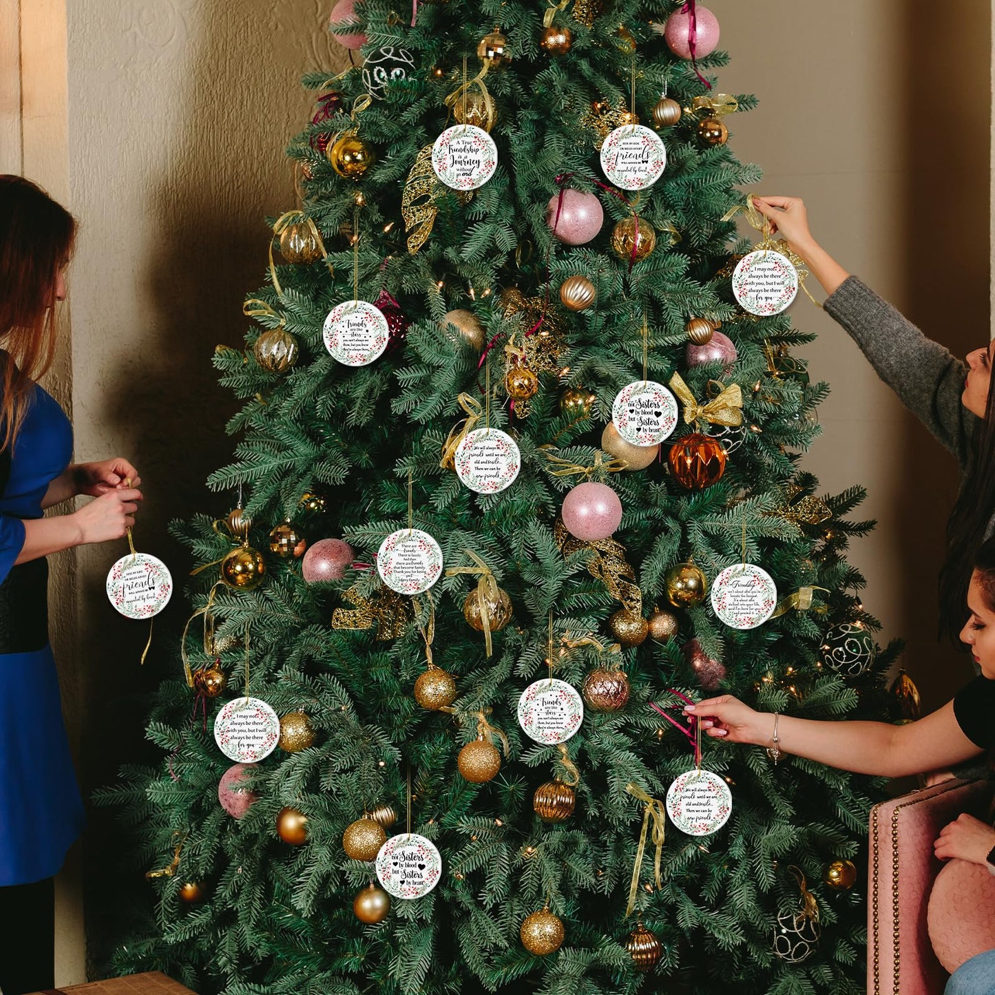 Suzile 16 Pcs Friendship Christmas Ornaments Ceramic Round Friends Ornaments Long Distance Sister Christmas Ornament Gift with Greeting Cards Organza Gift Bag for Christmas Tree (Berry)