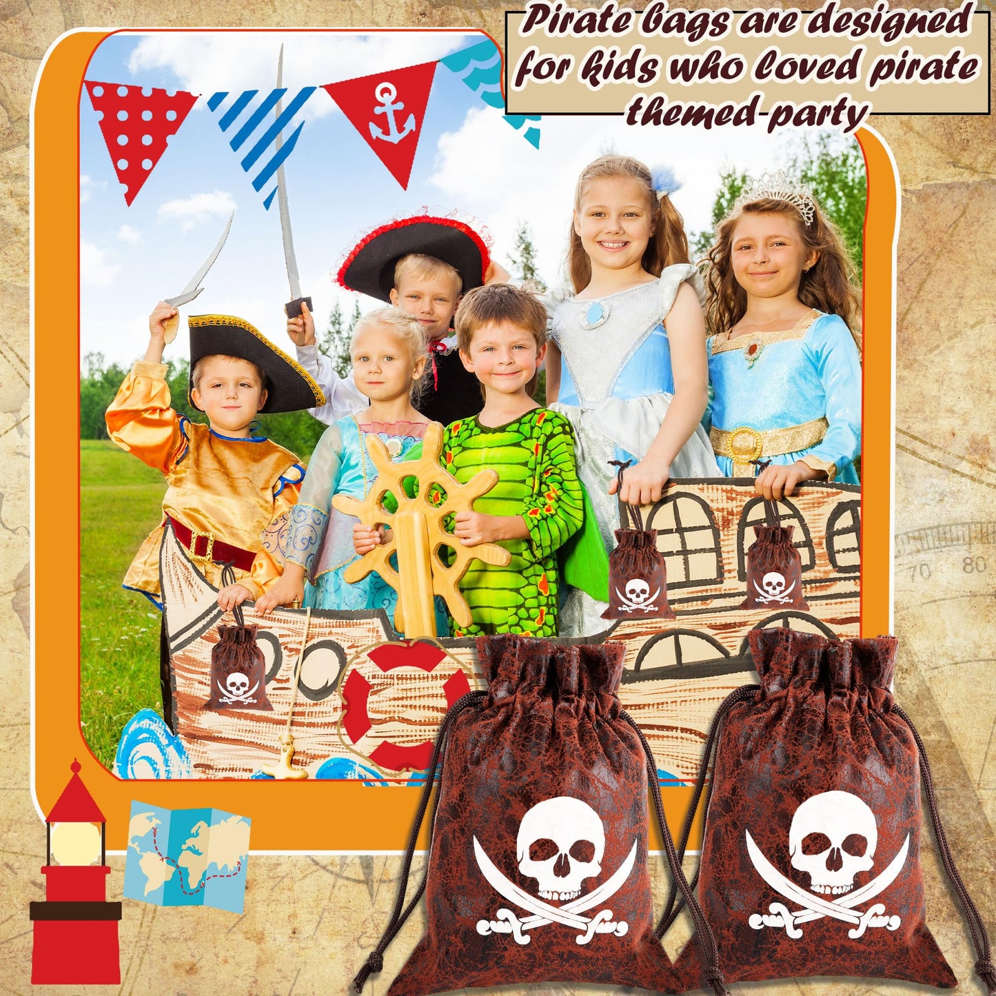 Plukeen 32 Pcs Pirate Goodie Bags Bulk 4.7 × 6.2 Inches Drawstring Faux Cow Skin Pirate Loot Storage Pouch Bags Coconut Brown Small Coin Wallet for Pirate Adventure Party Favors