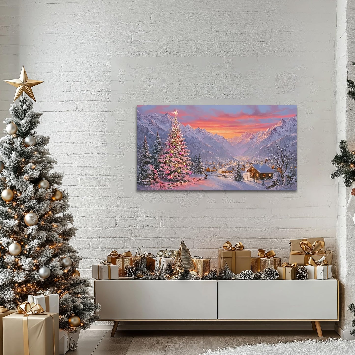 GUTTATY Christmas Canvas Wall Art, Santa Inspired Snow Scene Canvas Painting, Holiday Village Wall Decor, Festive Sunset Poster Print for Living Room, Bedroom, Indoor Christmas Decorations, 32x16 Inch