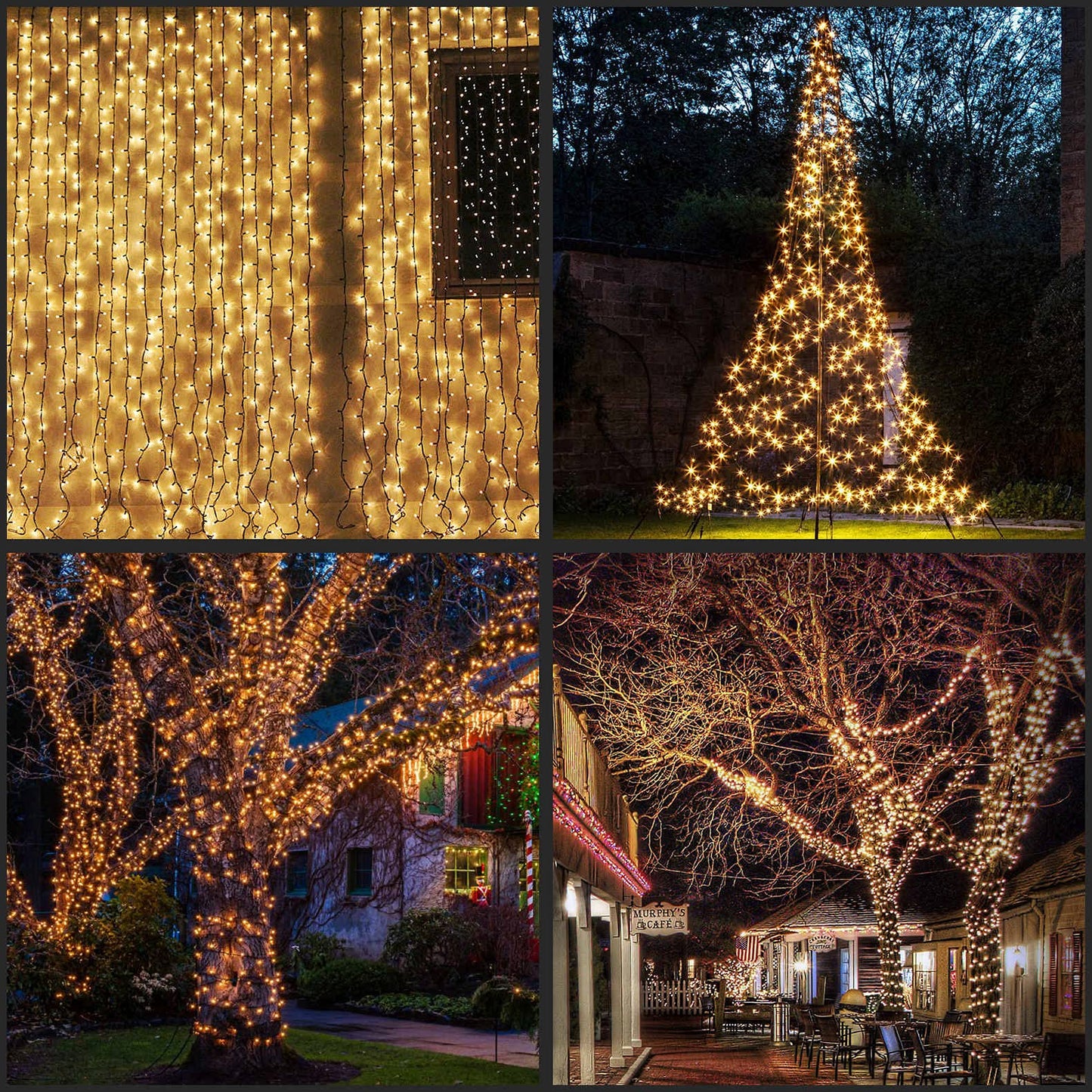 YULETIME 100 ft 300 Count Warm White LED String Lights with 8 Models Adapter, Black Wire Wide Angle 5mm Christmas Lights (Warm White - Black Wire)