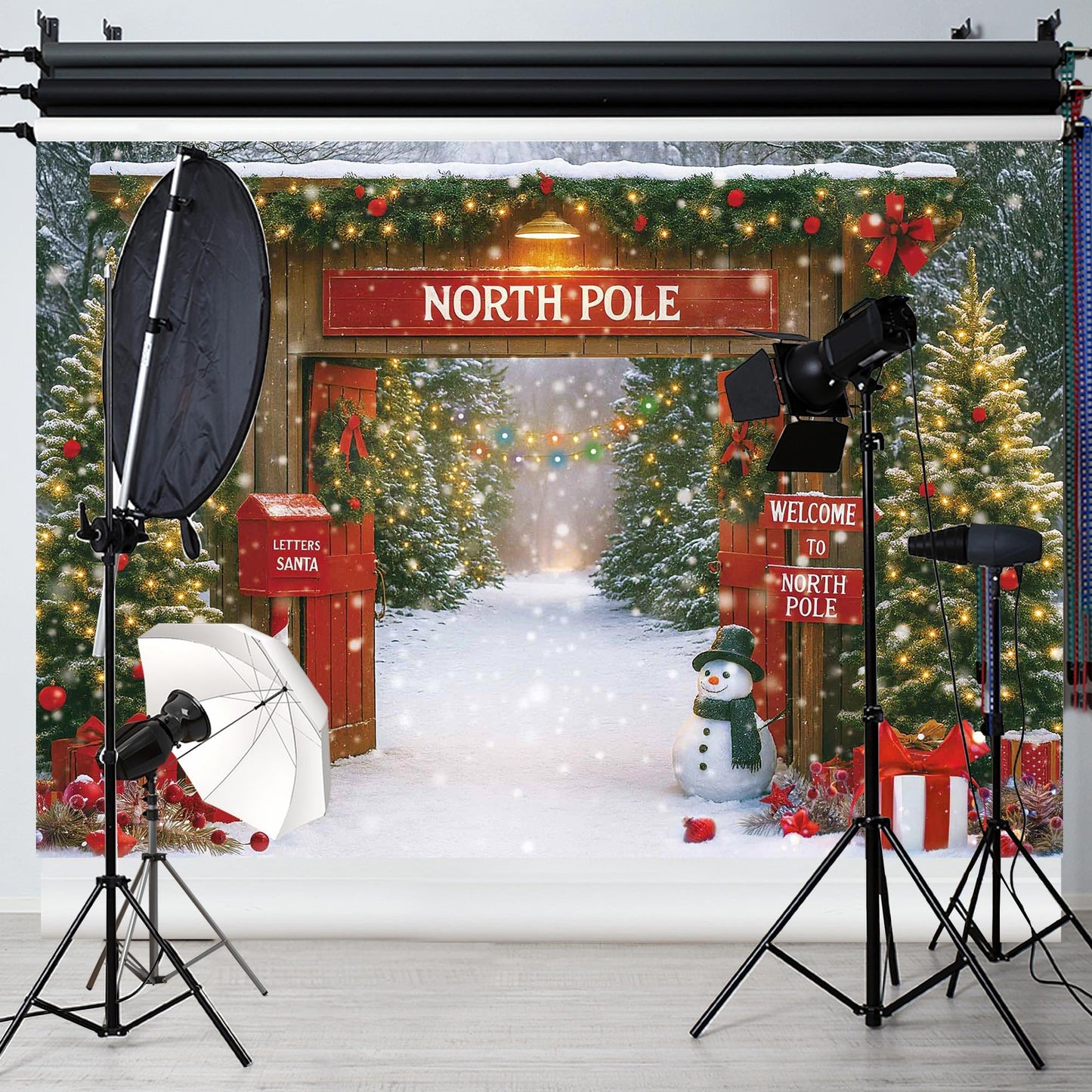 Fluzimir Christmas Photography Backdrop 8x6ft – Rustic Snowy Forest Barn Door with Xmas Tree, North Pole Winter Scene Fabric Photo Background for Family Party, Baby Holiday Photos