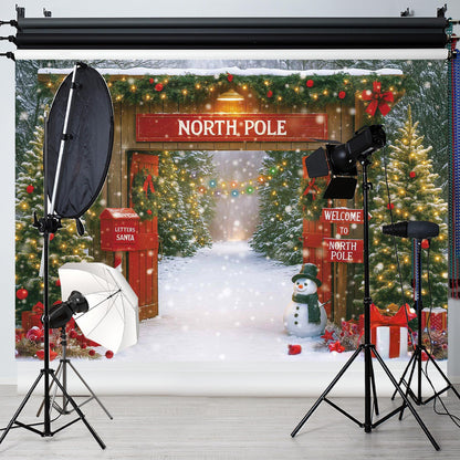 Fluzimir Christmas Photography Backdrop 8x6ft – Rustic Snowy Forest Barn Door with Xmas Tree, North Pole Winter Scene Fabric Photo Background for Family Party, Baby Holiday Photos