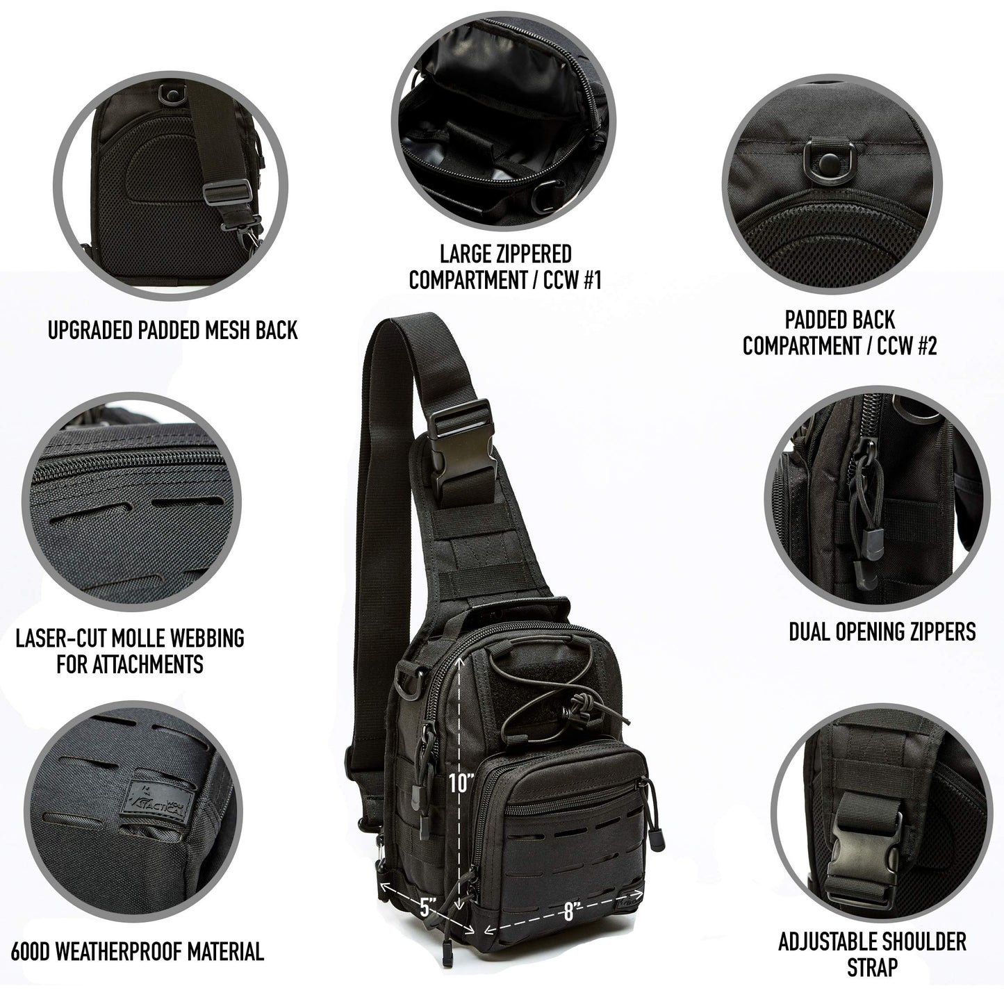 WOLF TACTICAL EDC Sling Bag - Concealed Carry Sling Pack with Laser-Cut MOLLE, Lightweight Tactical Crossbody for Range, Hiking, Travel & Daily Preparedness (Black)