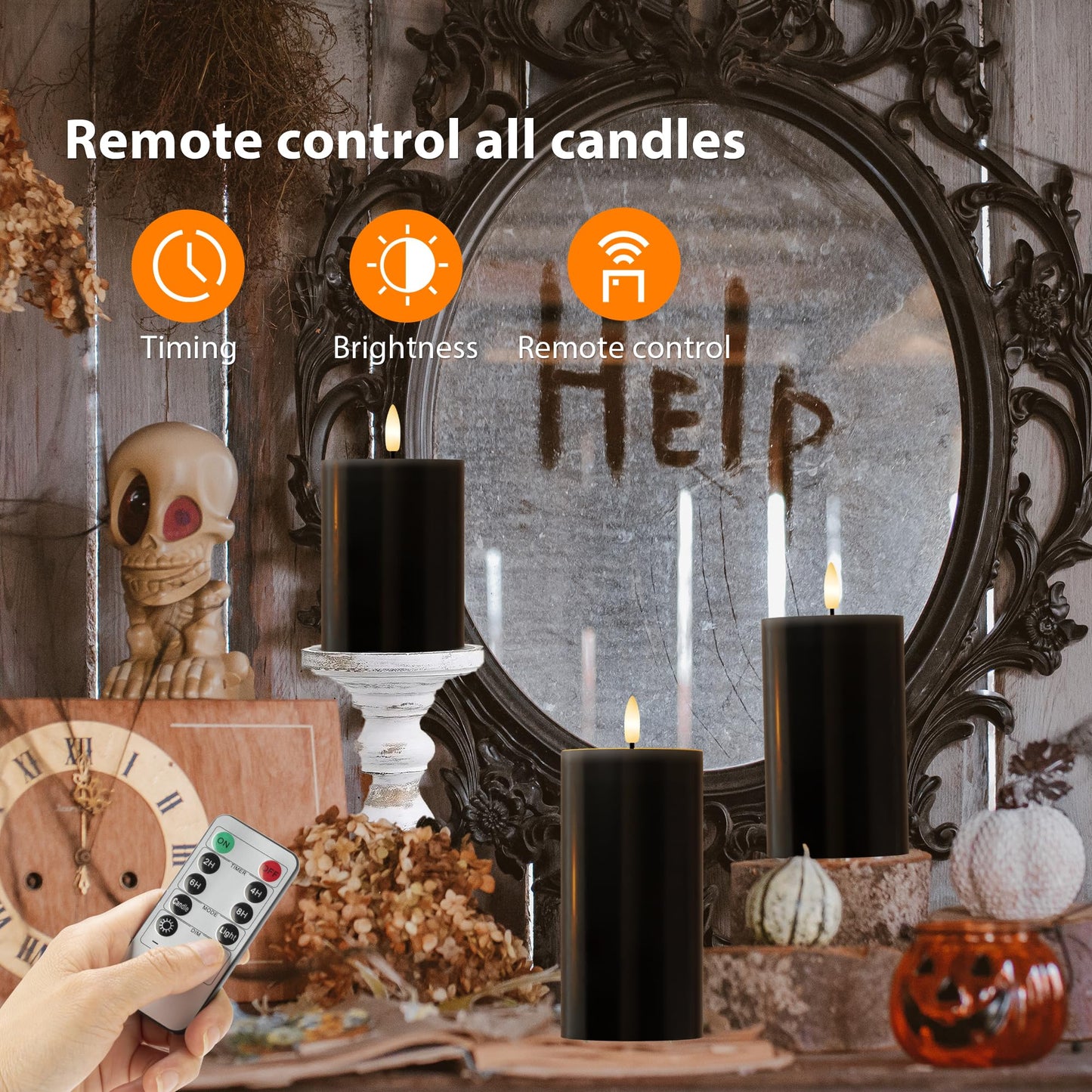AFINETH Black Flameless Candles, Halloween Candles with Remote, Battery Operated Gothic LED Candles, Real Wax Flickering Flameless Pillar Candles for Home, Party, Halloween, 3 Pack