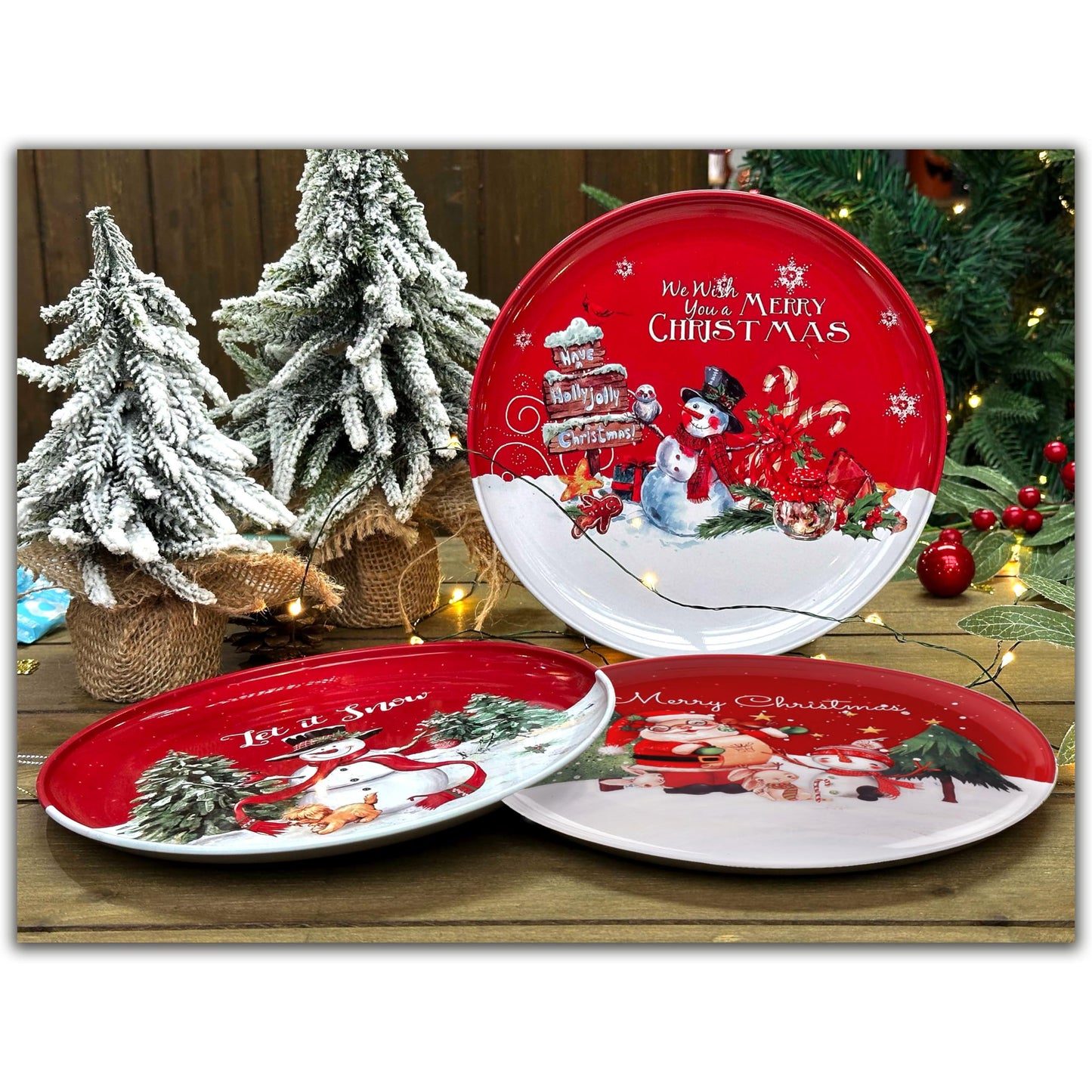 PHILPETY 3 Pcs Christmas Metal Serving Tray Christmas Plates for Cheese, Fruit, Cookies, Dessert - Xmas Snacks Dessert Party Decorations