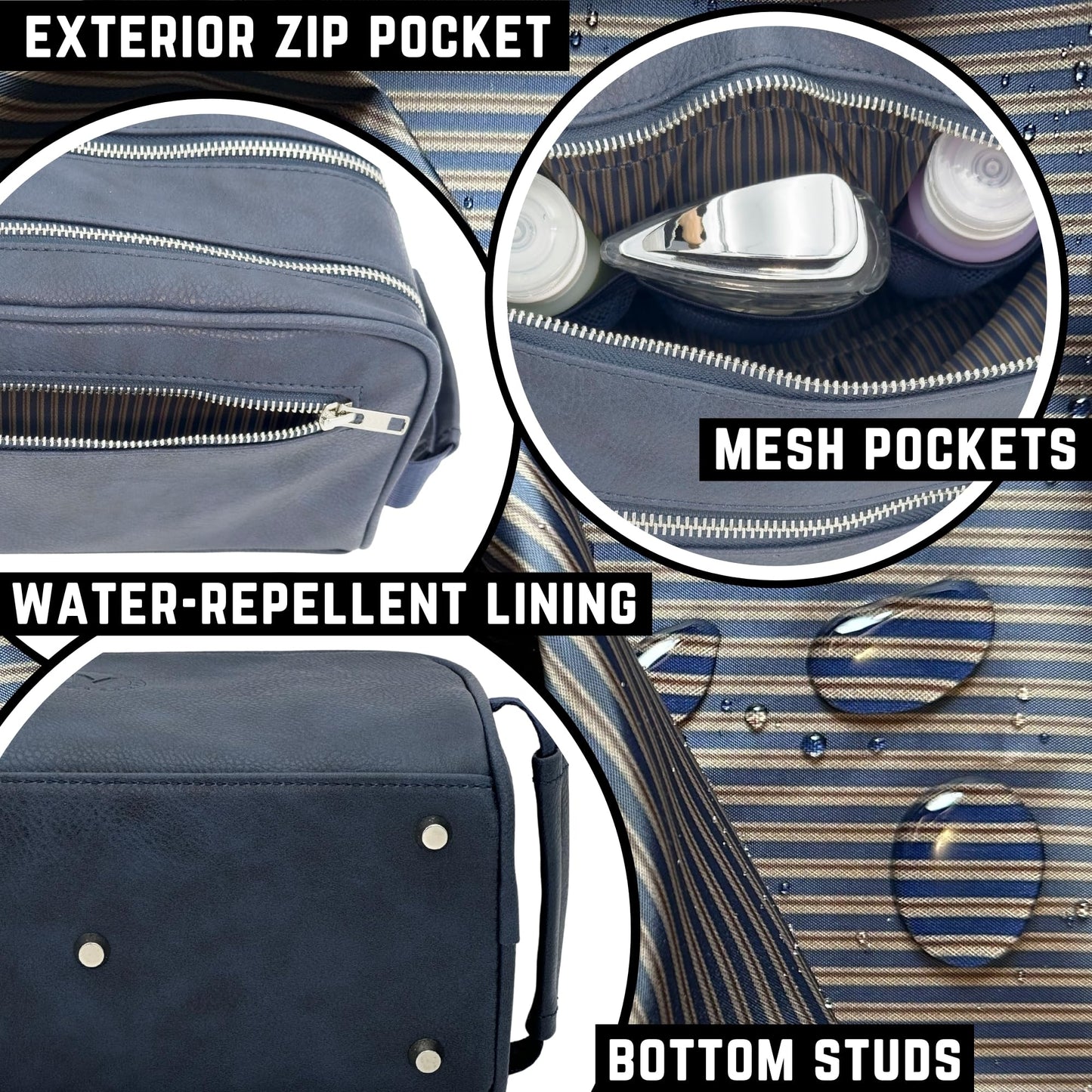Toiletry Bag For Men, Premium PU Leather Dopp with Metal Zippers & Bottom Studs, Waterproof Grooming Kit for Men, Mens Birthday Gift, Includes Velvet Dust Bag & Shape-Retention Stuffing / NAVY BLUE