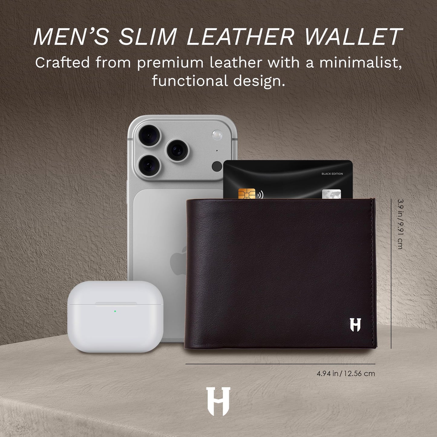 HELMBROOK London Wallet for Men, Slim Minimalist RFID Full Grain Leather, Handcrafted Bifold, 6 Card Slots, Gift Box Pouch, Christmas Birthday, Tan