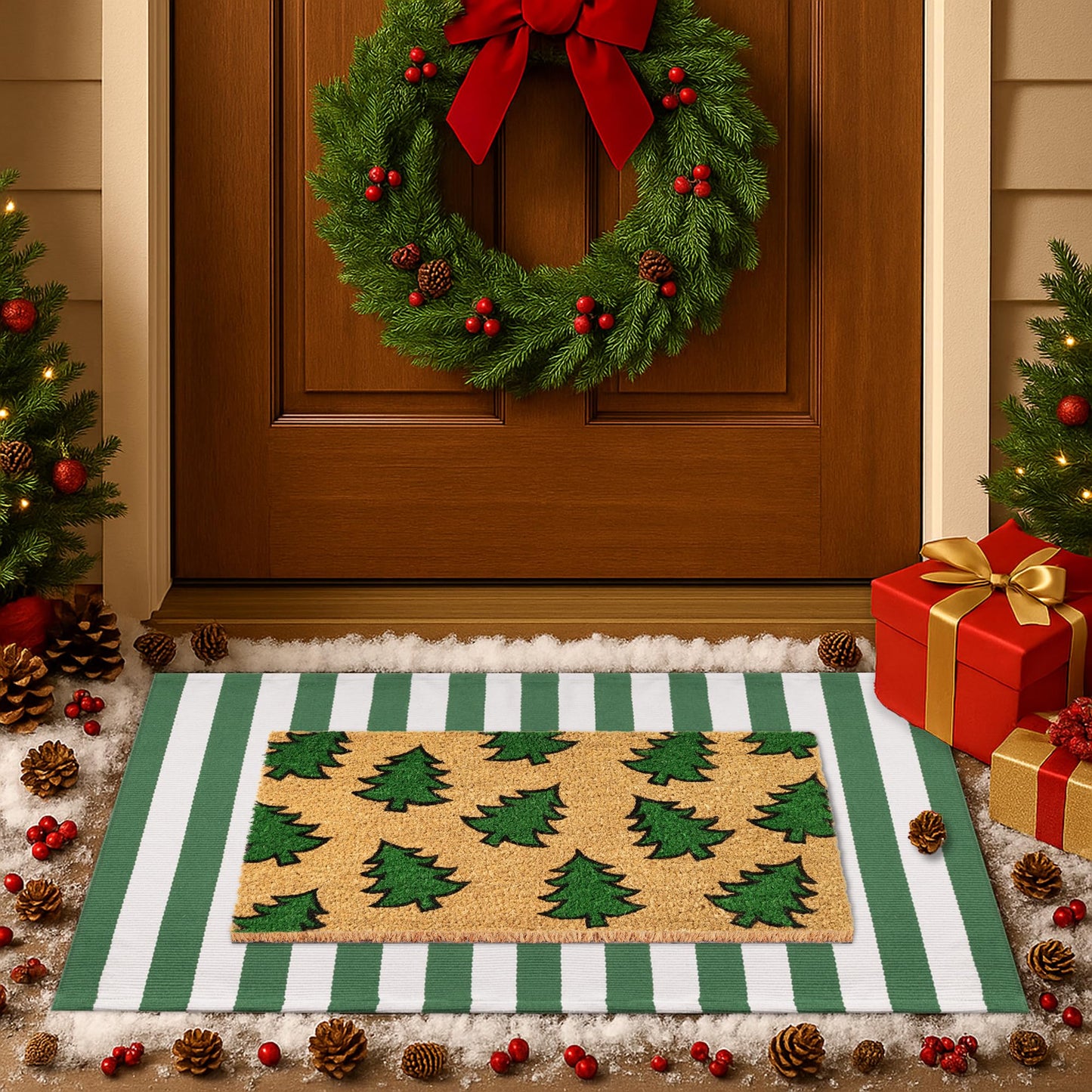 Christmas Door Mat Set 2-Piece, 17"x30" Coir Welcome Mat with Green Tree Pattern and 28"x43" Green White Striped Rug, Layered Front Porch Combo for Holiday Entryway Outdoor Decor