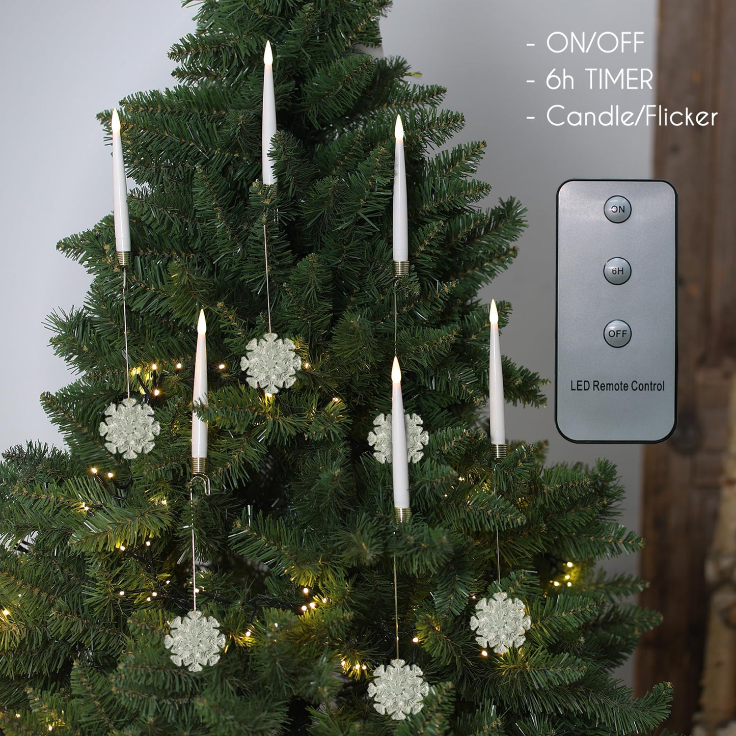 LUSHARBOR Christmas Tree Candles, 10 Pack Flameless Taper Candles for Christmas Tree, LED Battery Operated Fake Candle with Remote for Xmas Wedding Decor with Crystal Snowflake Hook