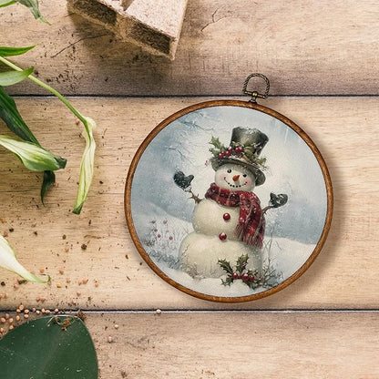 KSDUT Vintage Winter Wall Decor Art - Retro Snowman Snowy Wall Art Canvas Frame Hanging Prints, Christmas Holiday Landscape Round Wall Art Decor for Home Farmhouse Decorations 10"x10"