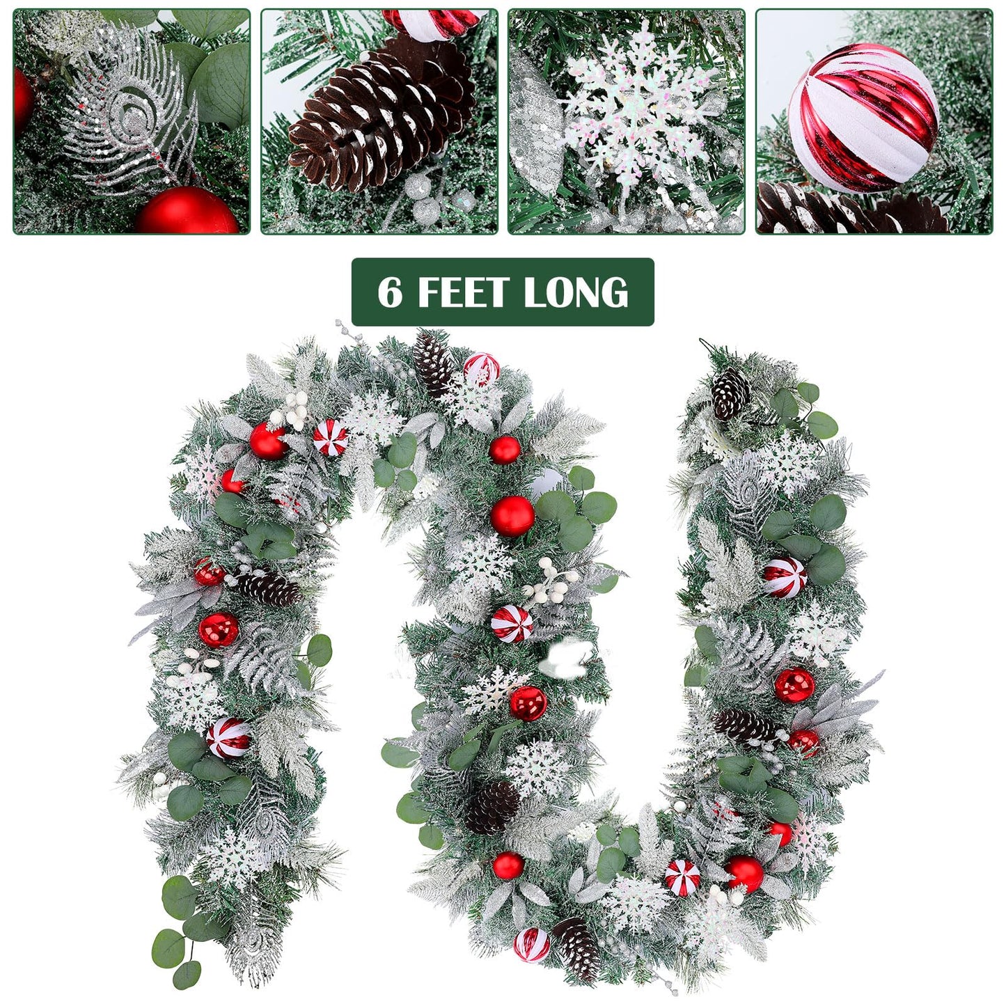 Solsew 6 Feet Snow Flocked Christmas Garland for Mantle White Garland with Silver White Balls Snowflake Pine Cones for Fireplace Table Centerpiece Front Door Staircase Decoration(Silver,Green,Red)