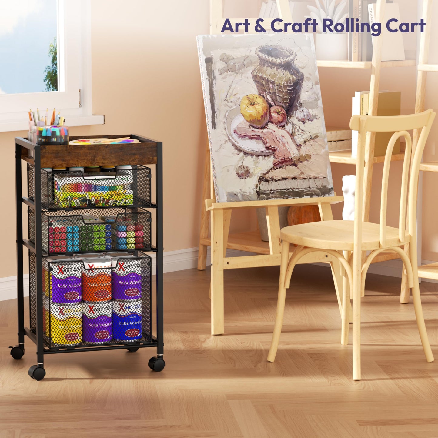 SWTYMIKI Rolling File Cart with Drawers - 4 Tier Under Desk Storage Craft Rolling Organizer Cart - Office Storage &Organization, Mobile Metal Filing Cabinet for Office and Home Espresso