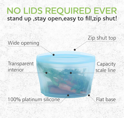 Reusable food container, silicone bag, 6 Pcs Zip Containers Can be used for fruit and vegetable snacks, etc. Microwave Dishwasher and Freezer Usable (blue)…