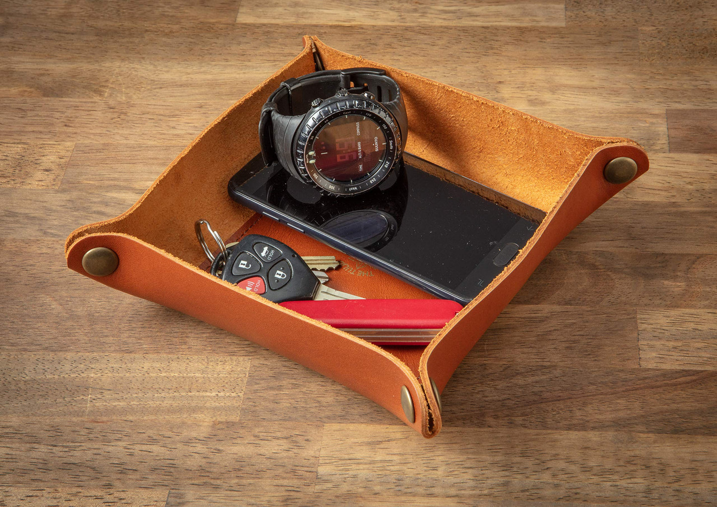 USA Made Premium Leather Valet Tray, Folds Flat! Little Buddy Dice Rolling Basket and Organizer With Brass Snaps - Reinforced Felt Bottom - For Keys, Jewelry, Coin, EDC, Watch Storage Caddy - Chestnut