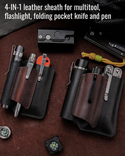 VIPERAED PJ38 Leather Multitool Sheath for Men, 4-in-1 Utility Leather Holster, EDC Pocket Organizer for Pocket Knife Multitool Flashlight and Pen
