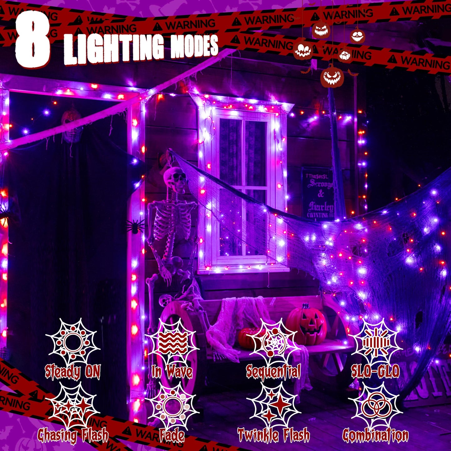 Ollny Halloween Lights Outdoor, 300 LED 100FT Orange and Purple Halloween Decorations with 8 Modes Timer, Plug in String Lights for Indoor Outside House Yard Party